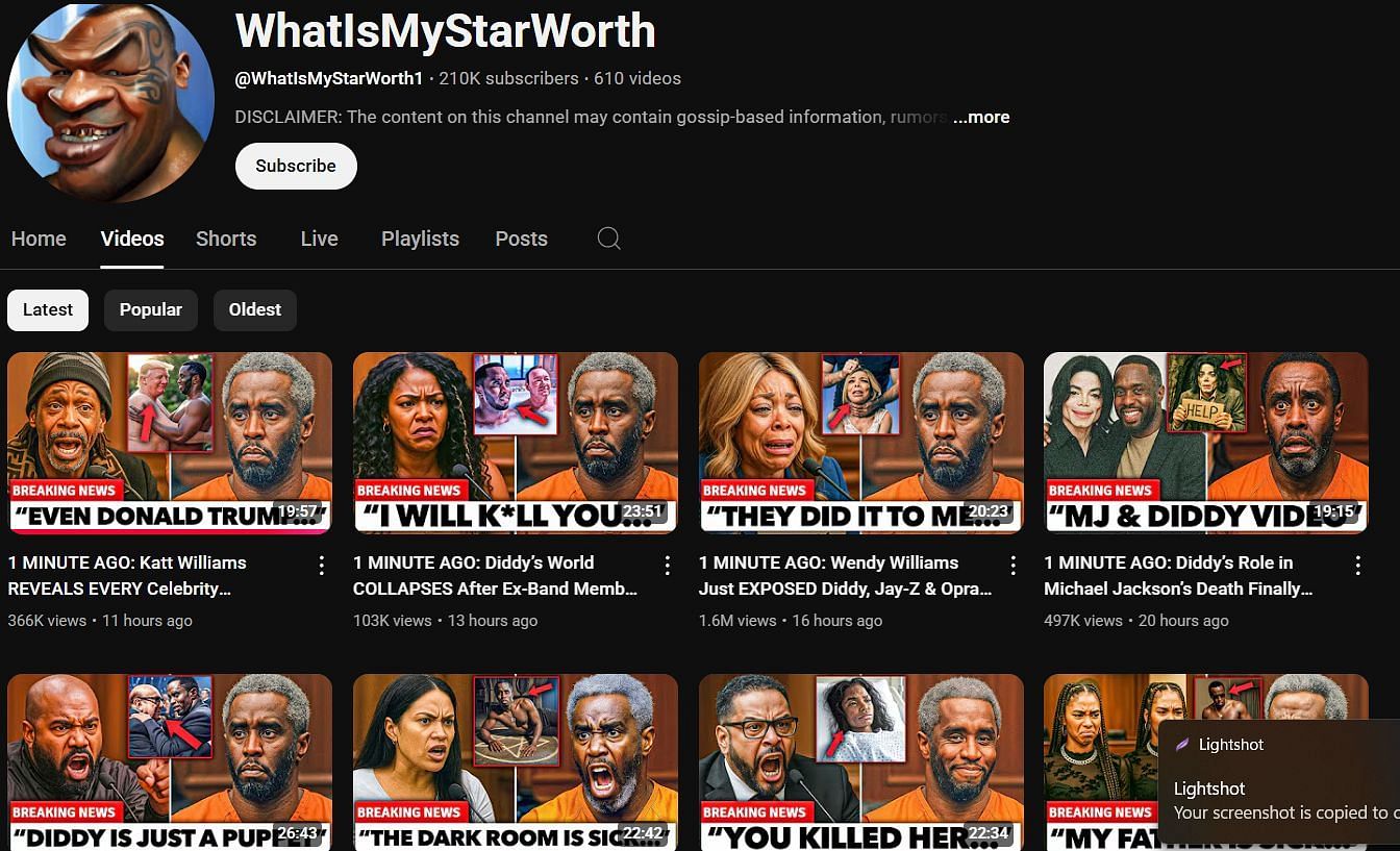 A screenshot of the videos the account has uploaded related to Diddy's trial (Image via YouTube/@WhatIsMyStarWorth)